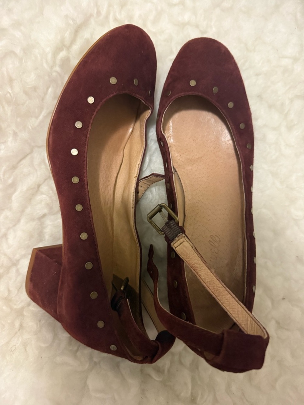 Madewell Women Inez Studded Burgundy Suede Block Heels Ankle Strap Ballet Shoes